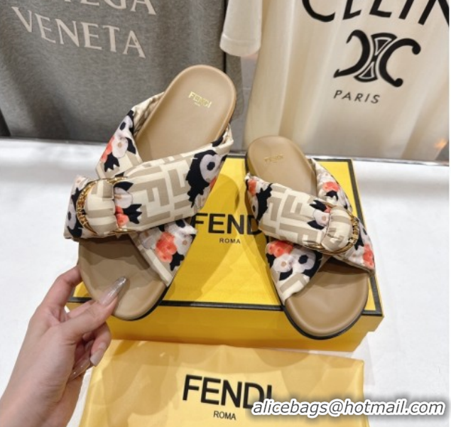 Low Cost Fendi Feel Flat Slides Sandal in Printed FF Fabric with D-ring Buckle Beige 1216061