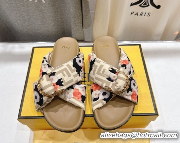Low Cost Fendi Feel Flat Slides Sandal in Printed FF Fabric with D-ring Buckle Beige 1216061