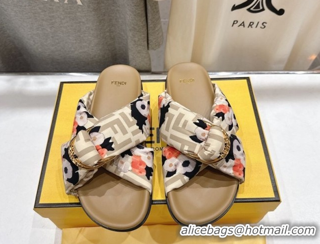 Low Cost Fendi Feel Flat Slides Sandal in Printed FF Fabric with D-ring Buckle Beige 1216061