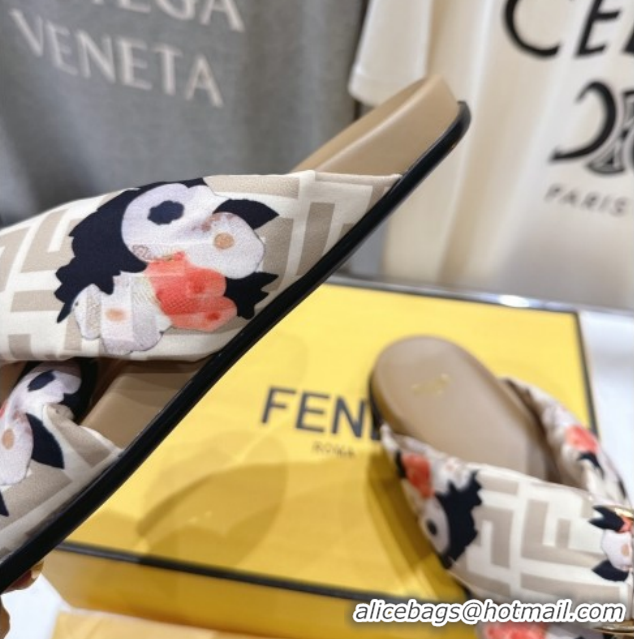Low Cost Fendi Feel Flat Slides Sandal in Printed FF Fabric with D-ring Buckle Beige 1216061