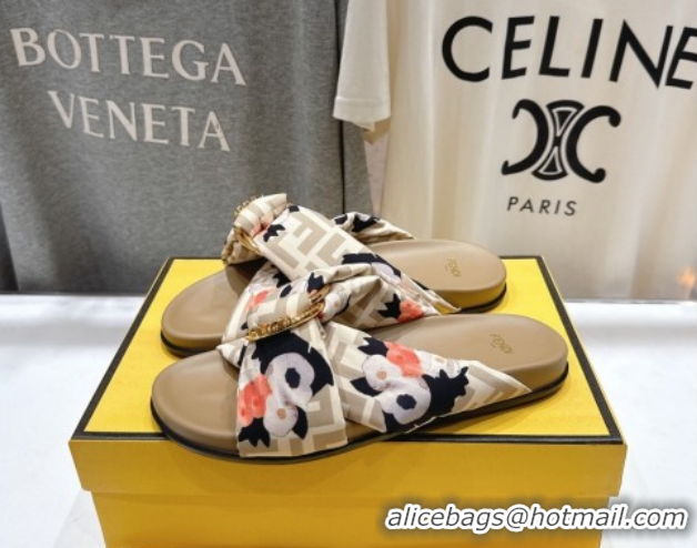Low Cost Fendi Feel Flat Slides Sandal in Printed FF Fabric with D-ring Buckle Beige 1216061