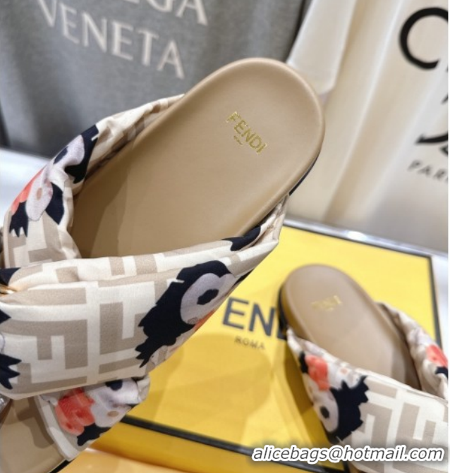 Low Cost Fendi Feel Flat Slides Sandal in Printed FF Fabric with D-ring Buckle Beige 1216061