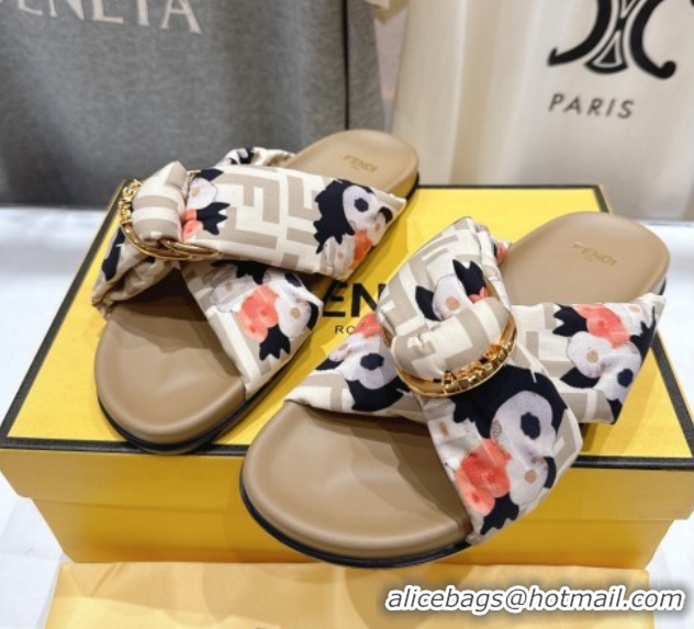 Low Cost Fendi Feel Flat Slides Sandal in Printed FF Fabric with D-ring Buckle Beige 1216061