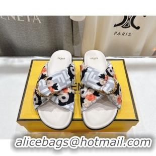 Shop Duplicate Fendi Feel Flat Slides Sandal in Printed FF Fabric with D-ring Buckle White 51216062