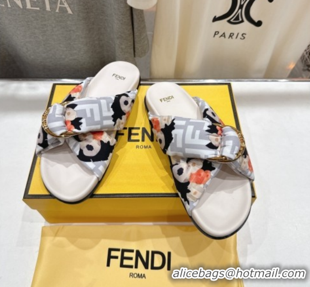 Shop Duplicate Fendi Feel Flat Slides Sandal in Printed FF Fabric with D-ring Buckle White 51216062