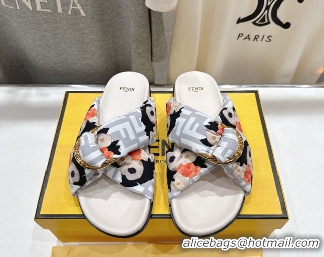 Shop Duplicate Fendi Feel Flat Slides Sandal in Printed FF Fabric with D-ring Buckle White 51216062