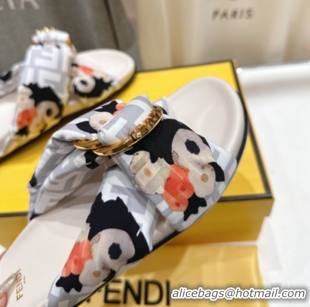 Shop Duplicate Fendi Feel Flat Slides Sandal in Printed FF Fabric with D-ring Buckle White 51216062