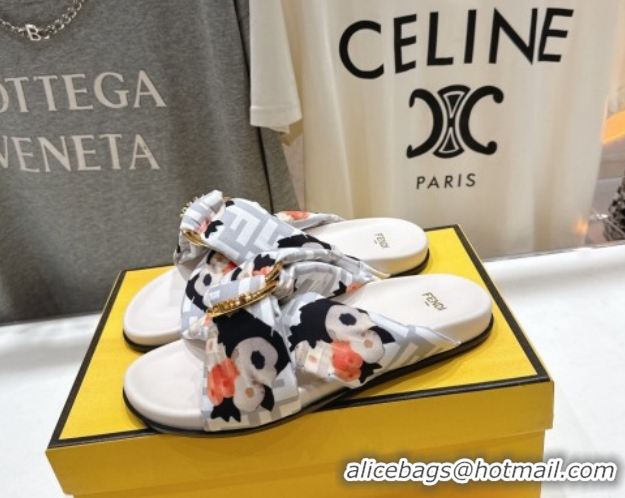 Shop Duplicate Fendi Feel Flat Slides Sandal in Printed FF Fabric with D-ring Buckle White 51216062