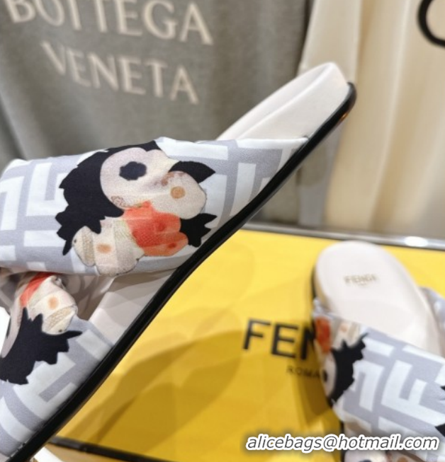 Shop Duplicate Fendi Feel Flat Slides Sandal in Printed FF Fabric with D-ring Buckle White 51216062