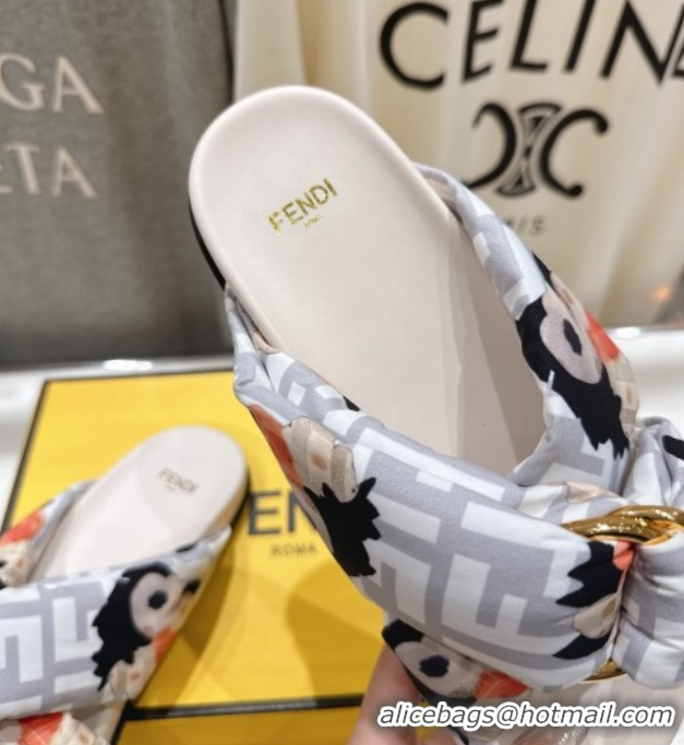 Shop Duplicate Fendi Feel Flat Slides Sandal in Printed FF Fabric with D-ring Buckle White 51216062