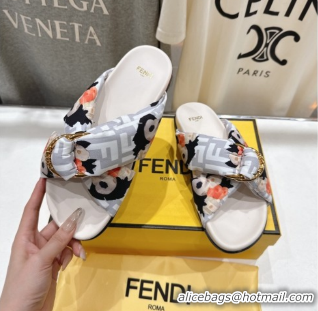 Shop Duplicate Fendi Feel Flat Slides Sandal in Printed FF Fabric with D-ring Buckle White 51216062