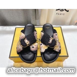Low Price Fendi Feel Flat Slides Sandal in Printed FF Fabric with D-ring Buckle Black/Multicolor 51216063