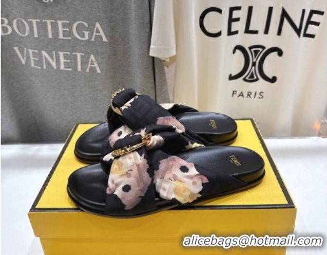Low Price Fendi Feel Flat Slides Sandal in Printed FF Fabric with D-ring Buckle Black/Multicolor 51216063