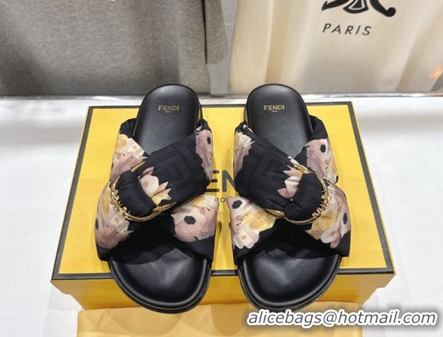 Low Price Fendi Feel Flat Slides Sandal in Printed FF Fabric with D-ring Buckle Black/Multicolor 51216063