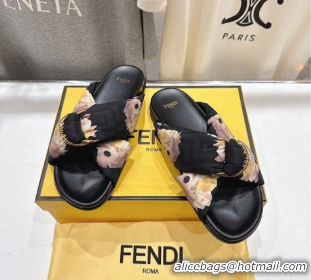Low Price Fendi Feel Flat Slides Sandal in Printed FF Fabric with D-ring Buckle Black/Multicolor 51216063