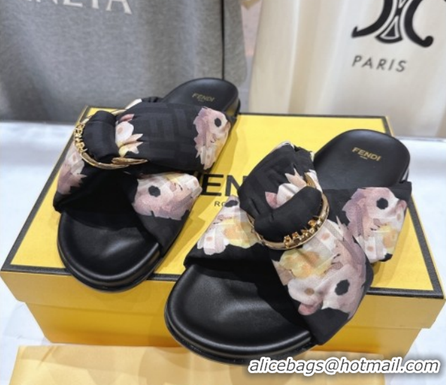 Low Price Fendi Feel Flat Slides Sandal in Printed FF Fabric with D-ring Buckle Black/Multicolor 51216063