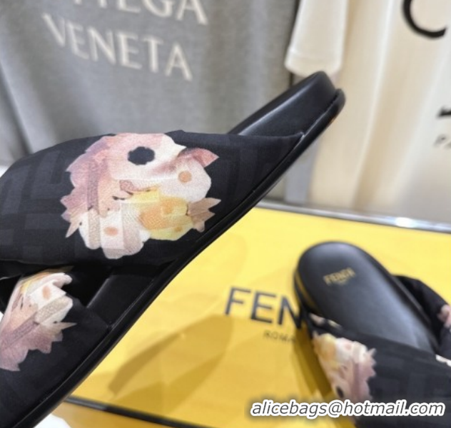 Low Price Fendi Feel Flat Slides Sandal in Printed FF Fabric with D-ring Buckle Black/Multicolor 51216063