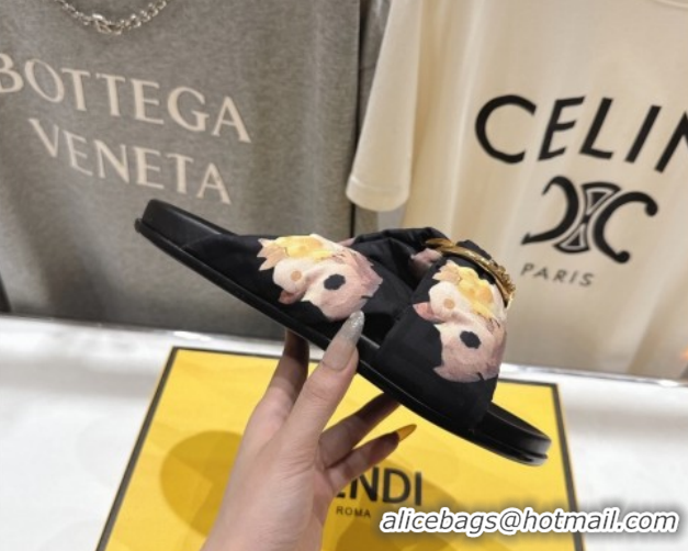 Low Price Fendi Feel Flat Slides Sandal in Printed FF Fabric with D-ring Buckle Black/Multicolor 51216063