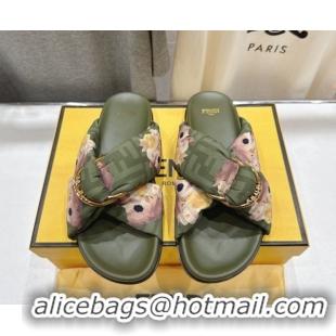 Best Price Fendi Feel Flat Slides Sandal in Printed FF Fabric with D-ring Buckle Green 51216065