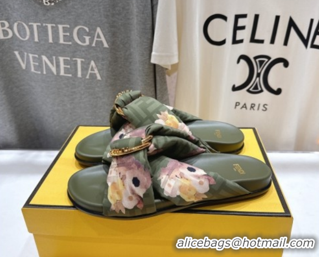Best Price Fendi Feel Flat Slides Sandal in Printed FF Fabric with D-ring Buckle Green 51216065