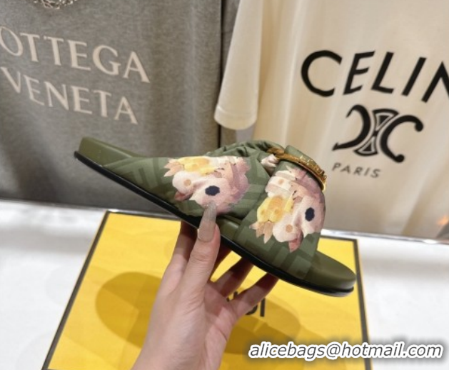 Best Price Fendi Feel Flat Slides Sandal in Printed FF Fabric with D-ring Buckle Green 51216065