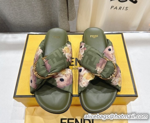 Best Price Fendi Feel Flat Slides Sandal in Printed FF Fabric with D-ring Buckle Green 51216065