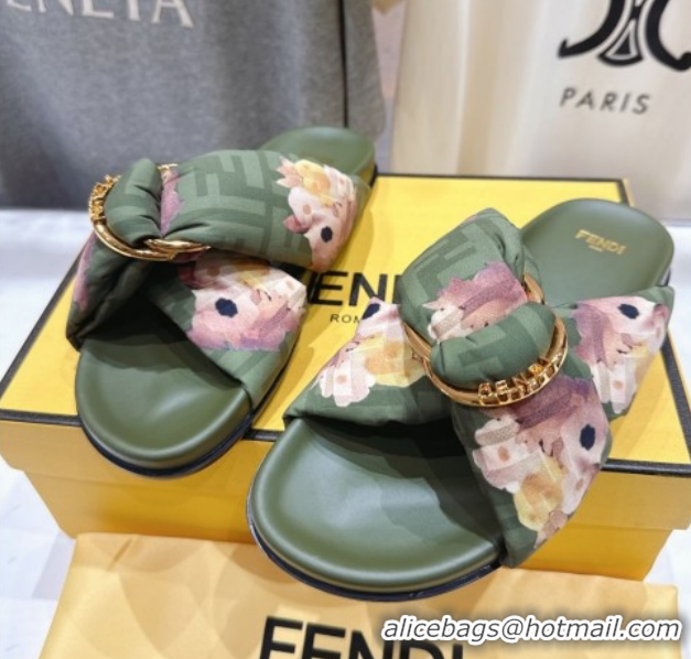 Best Price Fendi Feel Flat Slides Sandal in Printed FF Fabric with D-ring Buckle Green 51216065