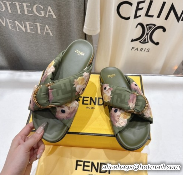 Best Price Fendi Feel Flat Slides Sandal in Printed FF Fabric with D-ring Buckle Green 51216065