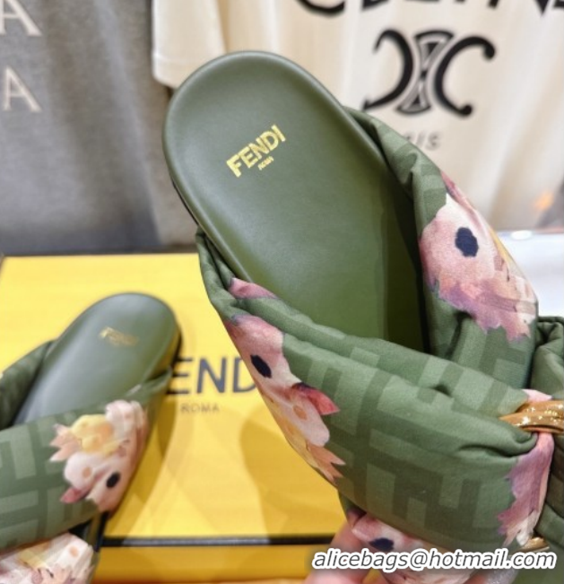 Best Price Fendi Feel Flat Slides Sandal in Printed FF Fabric with D-ring Buckle Green 51216065