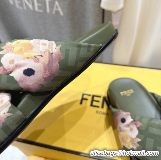 Best Price Fendi Feel Flat Slides Sandal in Printed FF Fabric with D-ring Buckle Green 51216065