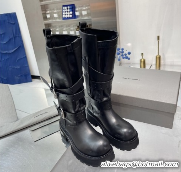 Perfect Balenciaga Women's Venom High Boots 5cm with Strap Buckle in Calfskin Leather Black 1104102
