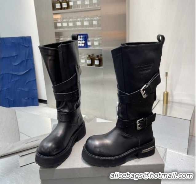 Perfect Balenciaga Women's Venom High Boots 5cm with Strap Buckle in Calfskin Leather Black 1104102