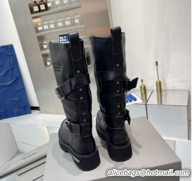 Perfect Balenciaga Women's Venom High Boots 5cm with Strap Buckle in Calfskin Leather Black 1104102