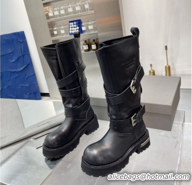 Perfect Balenciaga Women's Venom High Boots 5cm with Strap Buckle in Calfskin Leather Black 1104102