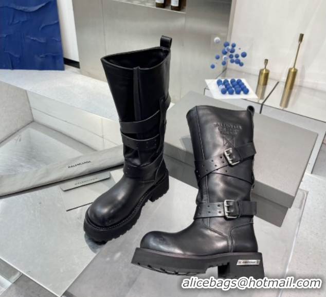 Perfect Balenciaga Women's Venom High Boots 5cm with Strap Buckle in Calfskin Leather Black 1104102