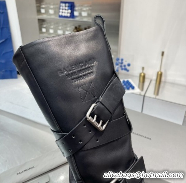 Perfect Balenciaga Women's Venom High Boots 5cm with Strap Buckle in Calfskin Leather Black 1104102