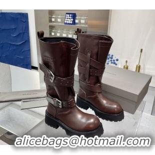 Good Quality Balenciaga Women's Venom High Boots 5cm with Strap Buckle in Calfskin Leather Brown 1104103