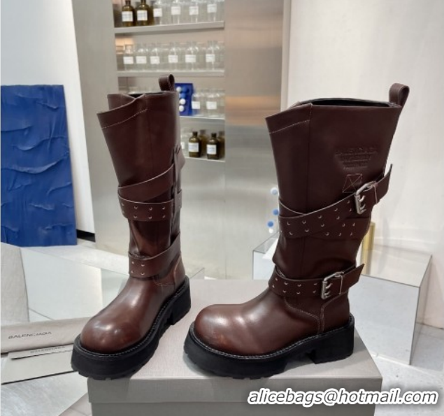 Good Quality Balenciaga Women's Venom High Boots 5cm with Strap Buckle in Calfskin Leather Brown 1104103