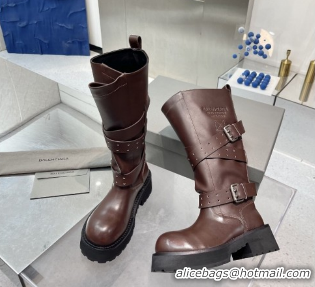 Good Quality Balenciaga Women's Venom High Boots 5cm with Strap Buckle in Calfskin Leather Brown 1104103
