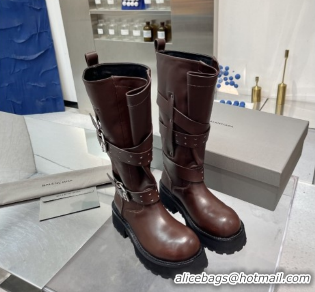 Good Quality Balenciaga Women's Venom High Boots 5cm with Strap Buckle in Calfskin Leather Brown 1104103
