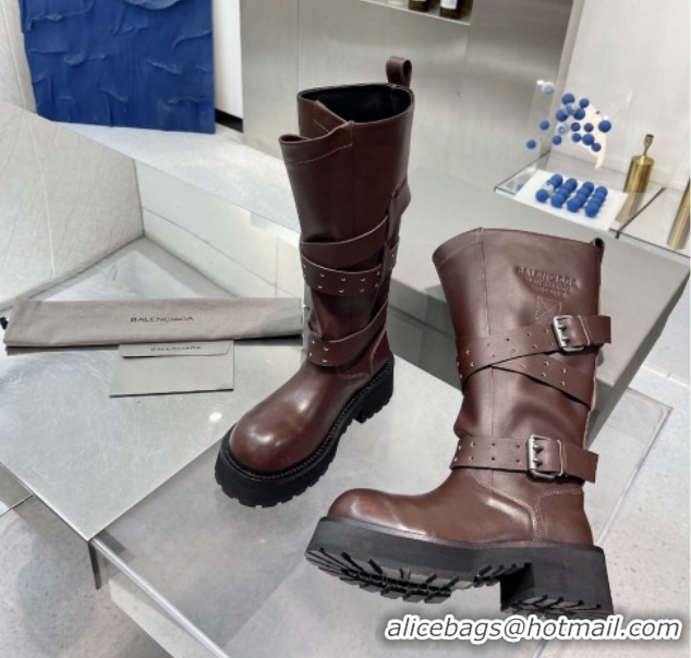 Good Quality Balenciaga Women's Venom High Boots 5cm with Strap Buckle in Calfskin Leather Brown 1104103