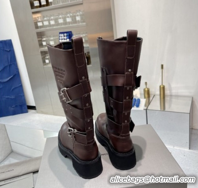 Good Quality Balenciaga Women's Venom High Boots 5cm with Strap Buckle in Calfskin Leather Brown 1104103
