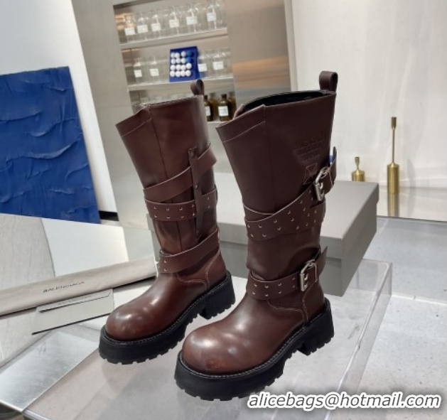 Good Quality Balenciaga Women's Venom High Boots 5cm with Strap Buckle in Calfskin Leather Brown 1104103
