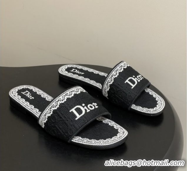 Purchase Dior Dentelle Slide Sandals in Black Dior Oblique Embroidered Cotton and White Lace 6012214 2026