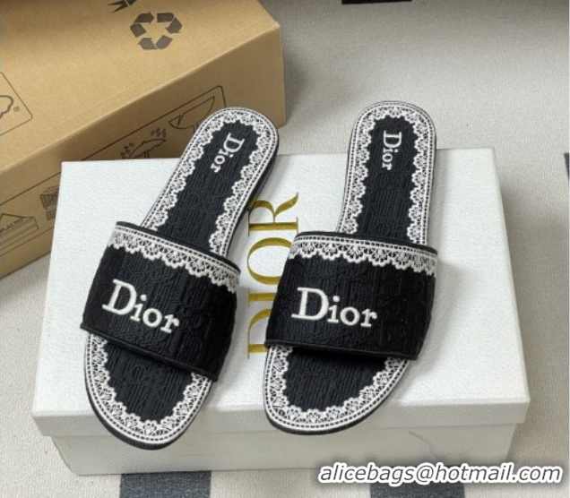 Purchase Dior Dentelle Slide Sandals in Black Dior Oblique Embroidered Cotton and White Lace 6012214 2026