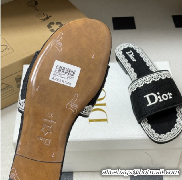 Purchase Dior Dentelle Slide Sandals in Black Dior Oblique Embroidered Cotton and White Lace 6012214 2026