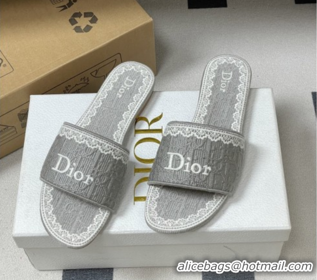 Good Product Dior Dentelle Slide Sandals in Grey Dior Oblique Embroidered Cotton and White Lace 012216 2026