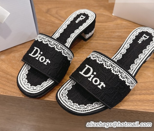 Cheap Price Dior Dentelle Heeled Slide Sandals in Black Dior Oblique Embroidered Cotton and White Lace 6012218 2026