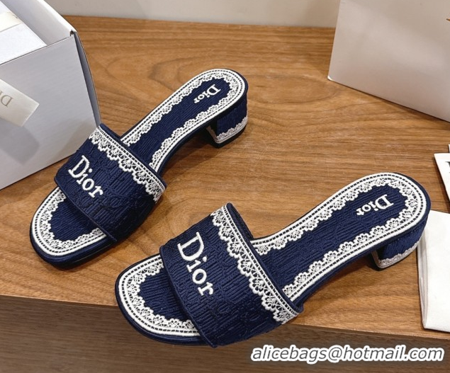 Stylish Dior Dentelle Heeled Slide Sandals in Blue Dior Oblique Embroidered Cotton and White Lace 6012219 2026