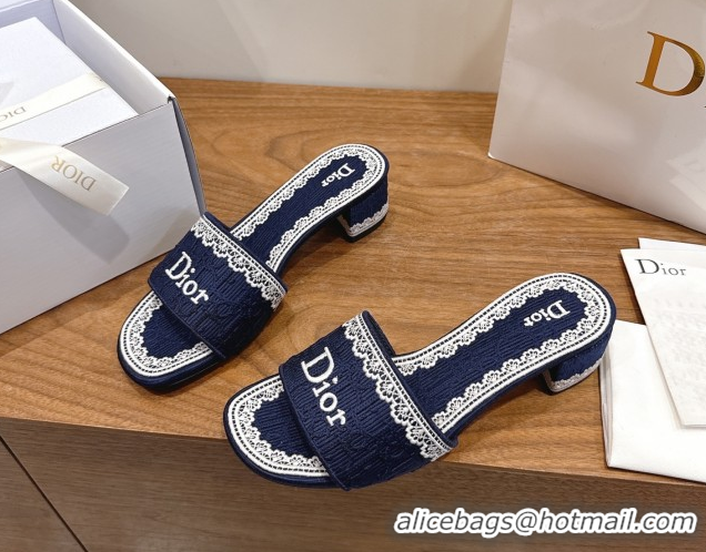 Stylish Dior Dentelle Heeled Slide Sandals in Blue Dior Oblique Embroidered Cotton and White Lace 6012219 2026
